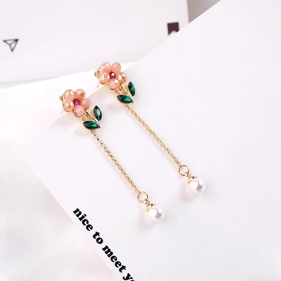 Crystal Flower Pearl Drop Stud Earrings - Picture 3 of 7